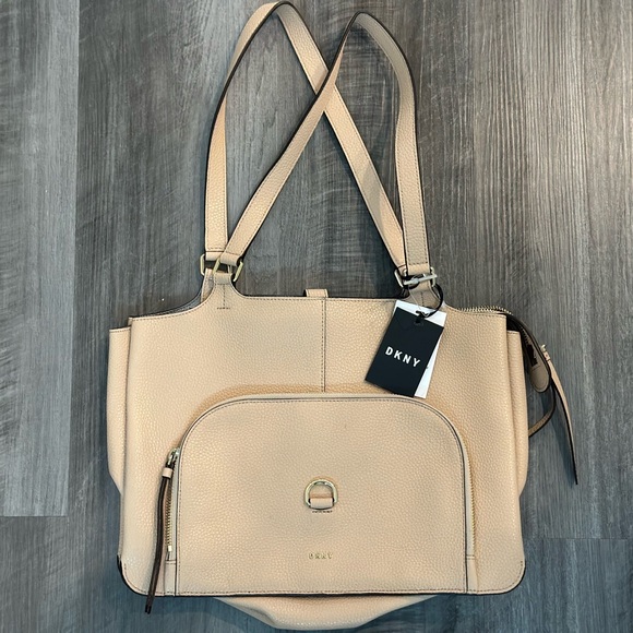 DKNY Tan Leather Shoulder Bag with Gold Accents - Picture 1 of 3
